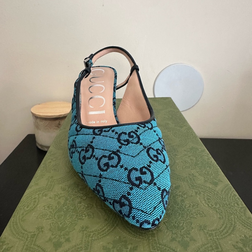 GUCCI Slingback GG Canvas Pumps Blue 663667 Size 38 × 1